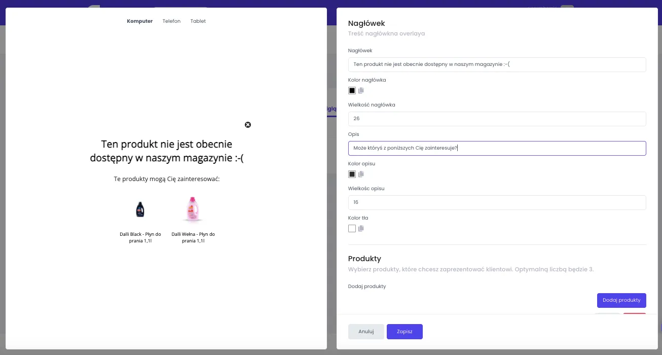 Powiadomienie o braku dostępności produktów z propozycją zamiennika
