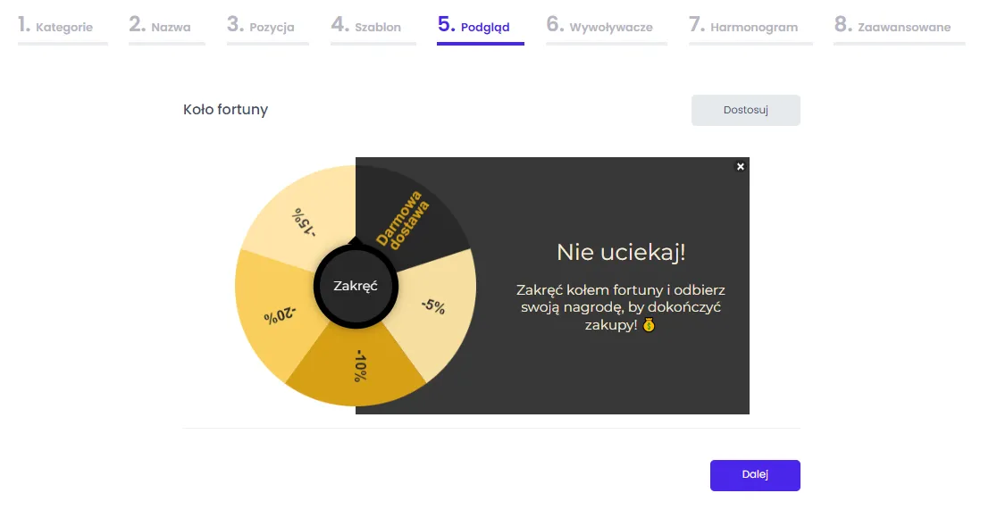 Interaktywny pop-up z kołem fortuny może przekonać klienta, do dokończenia zakupów, z których miał zamiast zrezygnować.
