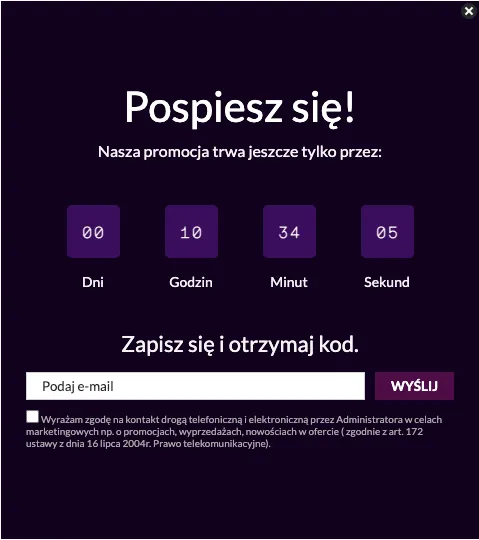 Pop- up z zegarem, umożliwiający zapis na newsletter